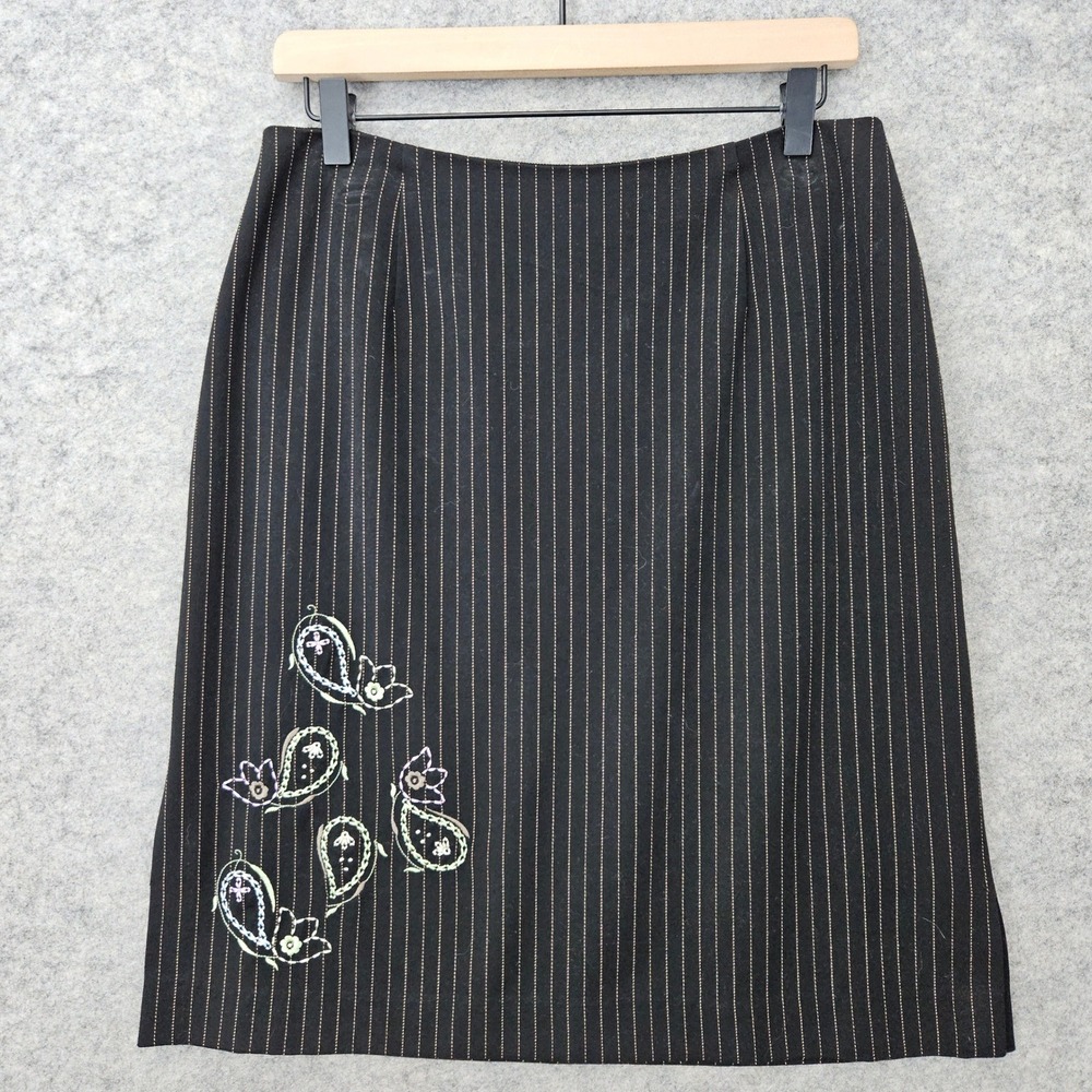 DLG Pencil Skirt Women's Size 10 Black Pinstriped Paisley Floral Embroidered